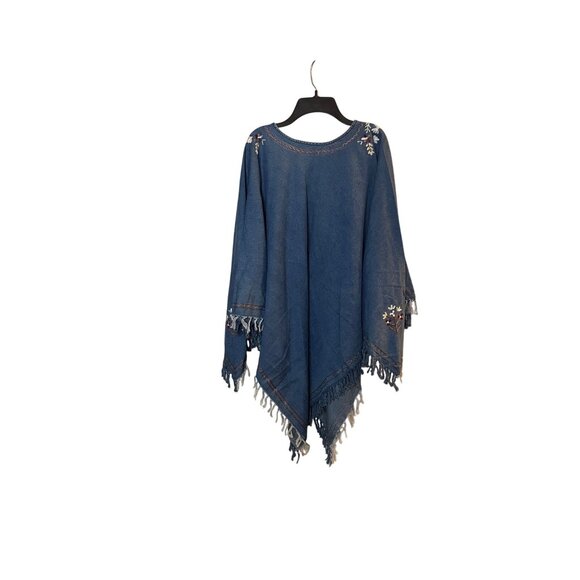 VTG Denim & Co M Boho Fringed Denim poncho With Embroidery Floral cape - Picture 2 of 9
